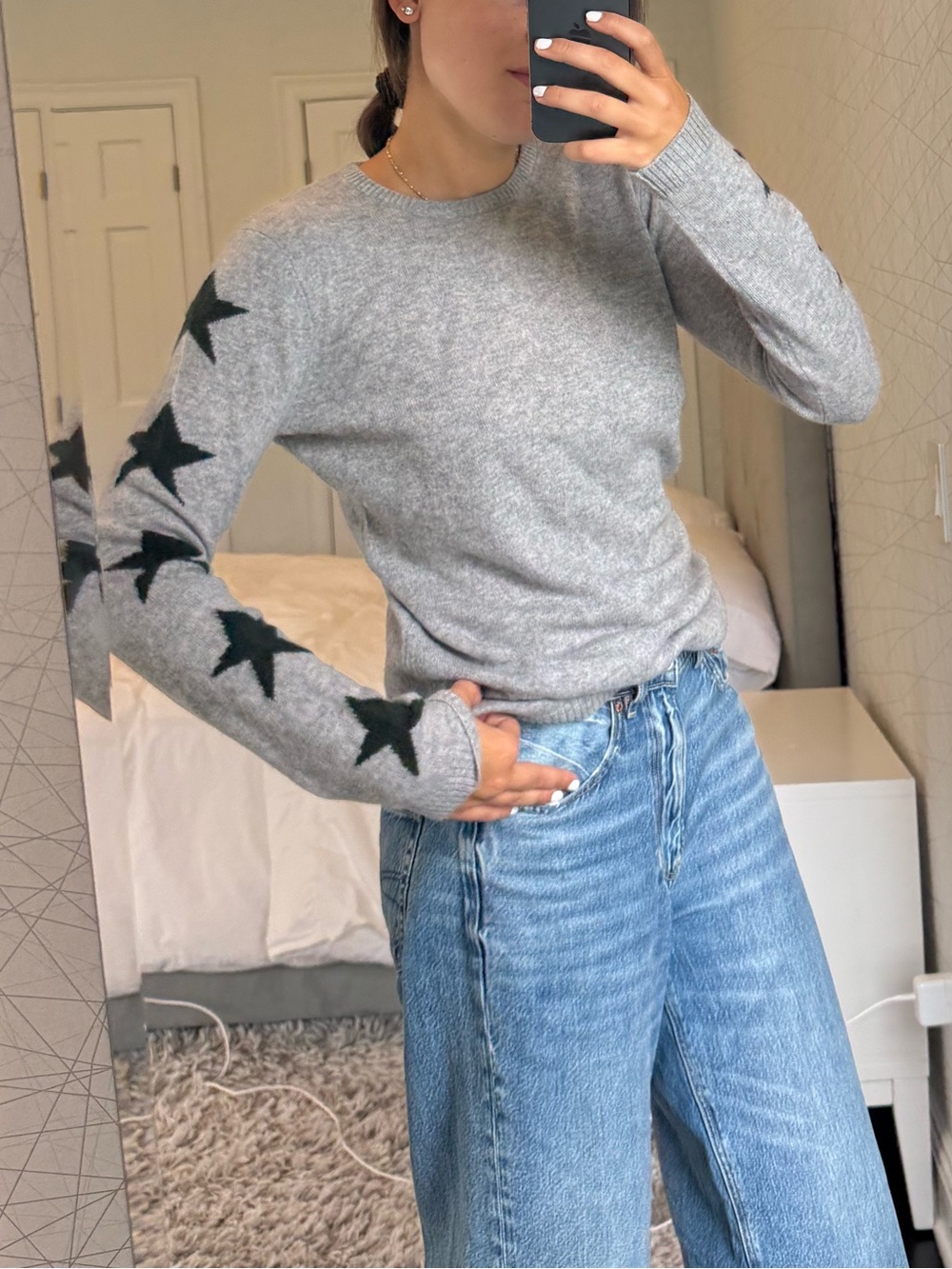 Aqua Gray Crewneck Sweater with Black Star Sleeves